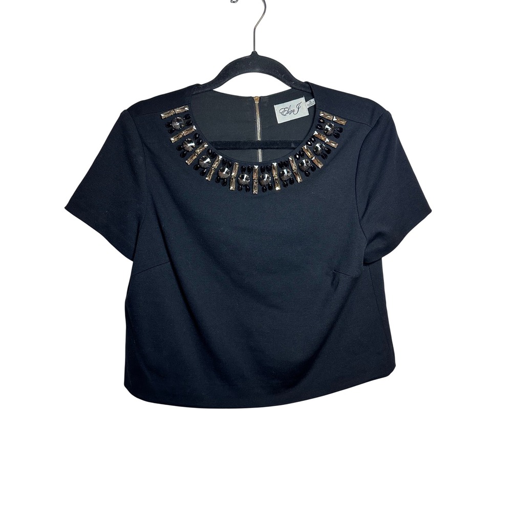 Eliza J Black Embellished Rhinestone Beaded‎ Short Sleeve Crop Top
